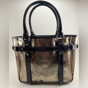 Salvatore Ferragamo small tote handbag with animal (lion) and floral print.